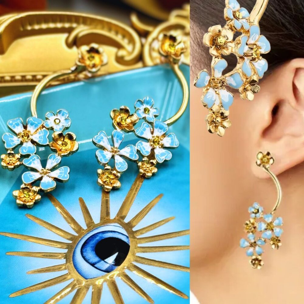 🆕 OSCAR DE LA RENTA🧿 NWOT Blue Forget-Me-Not Hand Painted Flower Drop Earring